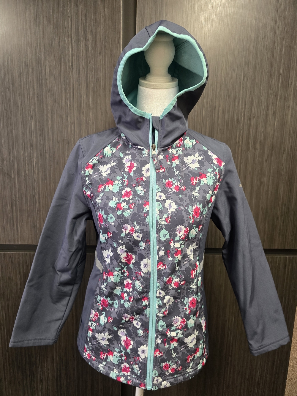 Free Country Girls 10/12 Floral Hooded Softshell Jacket Gray Mint Fleece Lined
